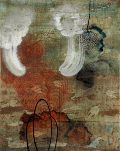 Timothy McDowell, Wings to Steam, 2012, encaustic on paper (National Geographic map verso side) over canvas, 20” x 16”