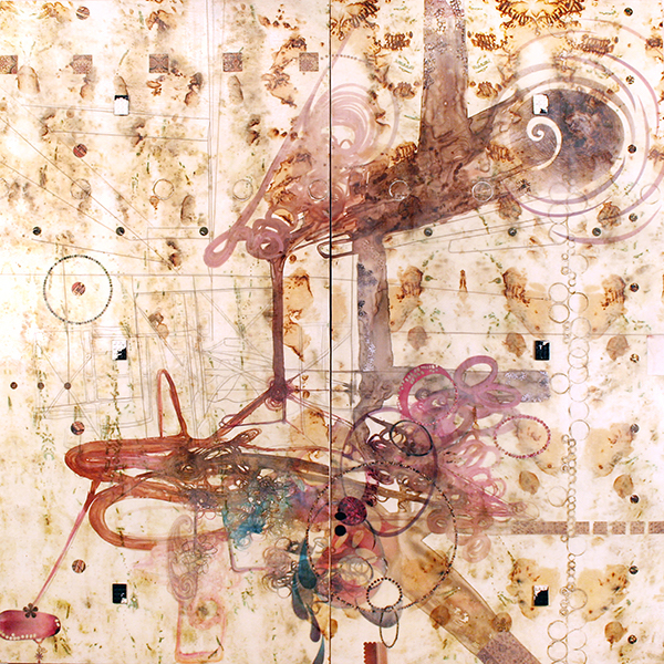 Lorraine Glessner, Under the Bridge, 2013; encaustic, mixed media, horse and human hair on composted and branded silk on wood, 48” x 48”