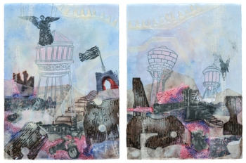 Pam Winegard, Paths to No Where, 2014, encaustic, found materials, graphite, and mixed media on luan panels, 24x 45